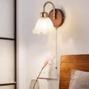 GobekUsa LED Wall Light Glass Fixture Pull Chain Switch Wood Bedside Sconce