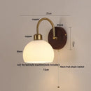 GobekUsa LED Wall Light Glass Fixture Pull Chain Switch Wood Bedside Sconce