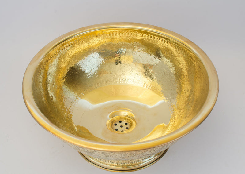 Antique Brass Bowl Vessel Sink Engraved Bathroom Vanity Basin, Gold Vintage Engraved Sink