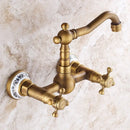 GobekUsa Brass Ceramic Wall Mount Faucet for Bathroom Washbasin - Double Handle Cold Hot Water