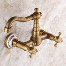 GobekUsa Brass Ceramic Wall Mount Faucet for Bathroom Washbasin - Double Handle Cold Hot Water