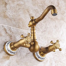 GobekUsa Brass Ceramic Wall Mount Faucet for Bathroom Washbasin - Double Handle Cold Hot Water