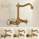 GobekUsa Brass Ceramic Wall Mount Faucet for Bathroom Washbasin - Double Handle Cold Hot Water