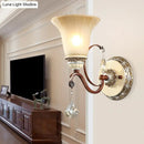 GobekUsa Lodge Style Bell Wall Sconce with Frosted Glass, White Finish and Crystal Drops – Perfect for Corridors