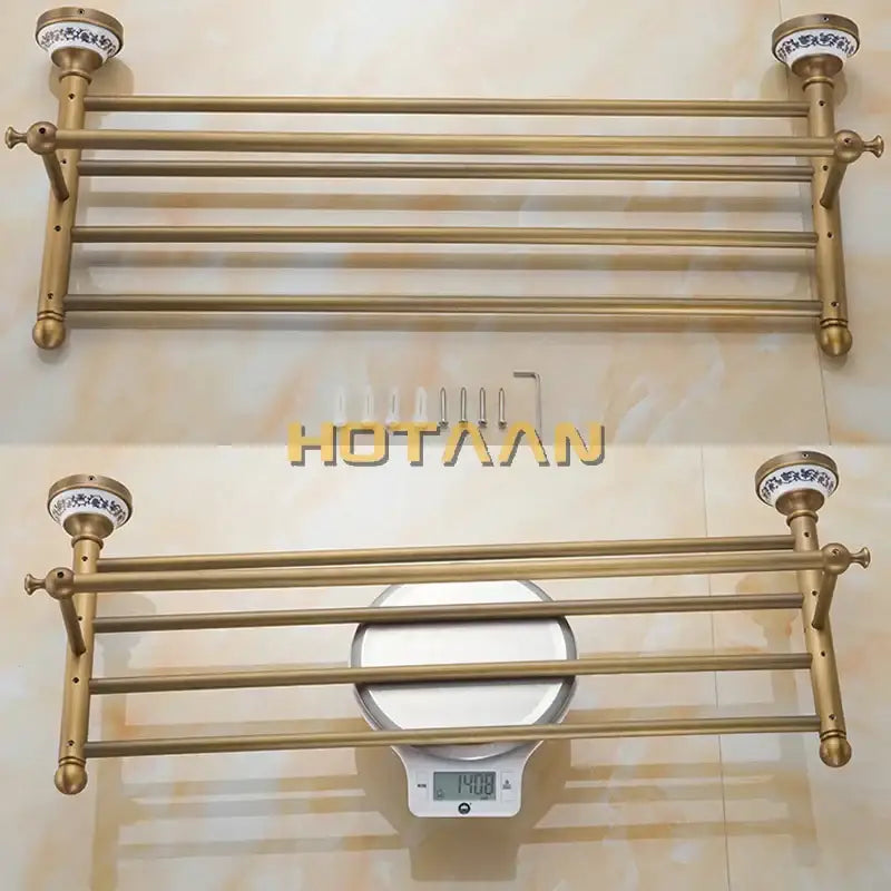 GobekUsa Brass Bathroom Towel Rack, Antique Brass Towel Holder, 60cm Corner Bath Shelf, photo 4 of 6