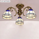 GobekUsa Tiffany Style Ceiling Light - Blue Stained Glass Bell Shade - Semi Flush Mount Fixture with 3 Heads