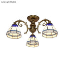 GobekUsa Tiffany Style Ceiling Light - Blue Stained Glass Bell Shade - Semi Flush Mount Fixture with 3 Heads