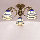 GobekUsa Tiffany Style Ceiling Light - Blue Stained Glass Bell Shade - Semi Flush Mount Fixture with 3 Heads