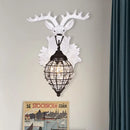 GobekUsa Deer Head Wall Lamp: Countryside Resin Sconce with Lantern Crystal Shade in White/Brown
