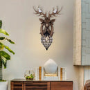 GobekUsa Deer Head Wall Lamp: Countryside Resin Sconce with Lantern Crystal Shade in White/Brown