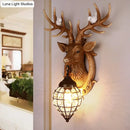GobekUsa Deer Head Wall Lamp: Countryside Resin Sconce with Lantern Crystal Shade in White/Brown