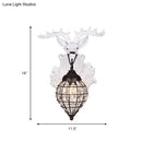 GobekUsa Deer Head Wall Lamp: Countryside Resin Sconce with Lantern Crystal Shade in White/Brown