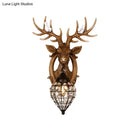 GobekUsa Deer Head Wall Lamp: Countryside Resin Sconce with Lantern Crystal Shade in White/Brown
