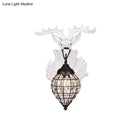 GobekUsa Deer Head Wall Lamp: Countryside Resin Sconce with Lantern Crystal Shade in White/Brown