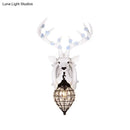 GobekUsa Deer Head Wall Lamp: Countryside Resin Sconce with Lantern Crystal Shade in White/Brown