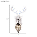 GobekUsa Deer Head Wall Lamp: Countryside Resin Sconce with Lantern Crystal Shade in White/Brown