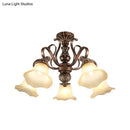 GobekUsa Floral Shade Semi Flush Light with Opal Glass - Countryside Brown Close to Ceiling Lamp for Living Room (5/6/8 Lights)