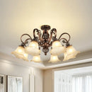 GobekUsa Floral Shade Semi Flush Light with Opal Glass - Countryside Brown Close to Ceiling Lamp for Living Room (5/6/8 Lights)