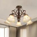 GobekUsa Floral Shade Semi Flush Light with Opal Glass - Countryside Brown Close to Ceiling Lamp for Living Room (5/6/8 Lights)