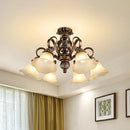 GobekUsa Floral Shade Semi Flush Light with Opal Glass - Countryside Brown Close to Ceiling Lamp for Living Room (5/6/8 Lights)