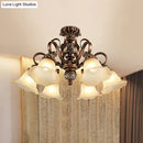 GobekUsa Floral Shade Semi Flush Light with Opal Glass - Countryside Brown Close to Ceiling Lamp for Living Room (5/6/8 Lights)