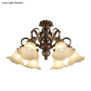 GobekUsa Floral Shade Semi Flush Light with Opal Glass - Countryside Brown Close to Ceiling Lamp for Living Room (5/6/8 Lights)