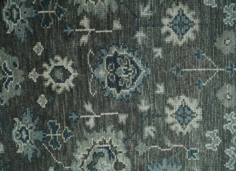 Antique Charcoal Hand Knotted Oushak Silver and Blue Traditional Wool Rug