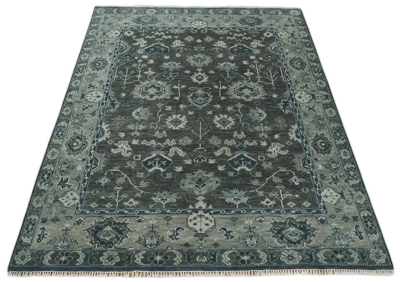 Antique Charcoal Hand Knotted Oushak Silver and Blue Traditional Wool Rug