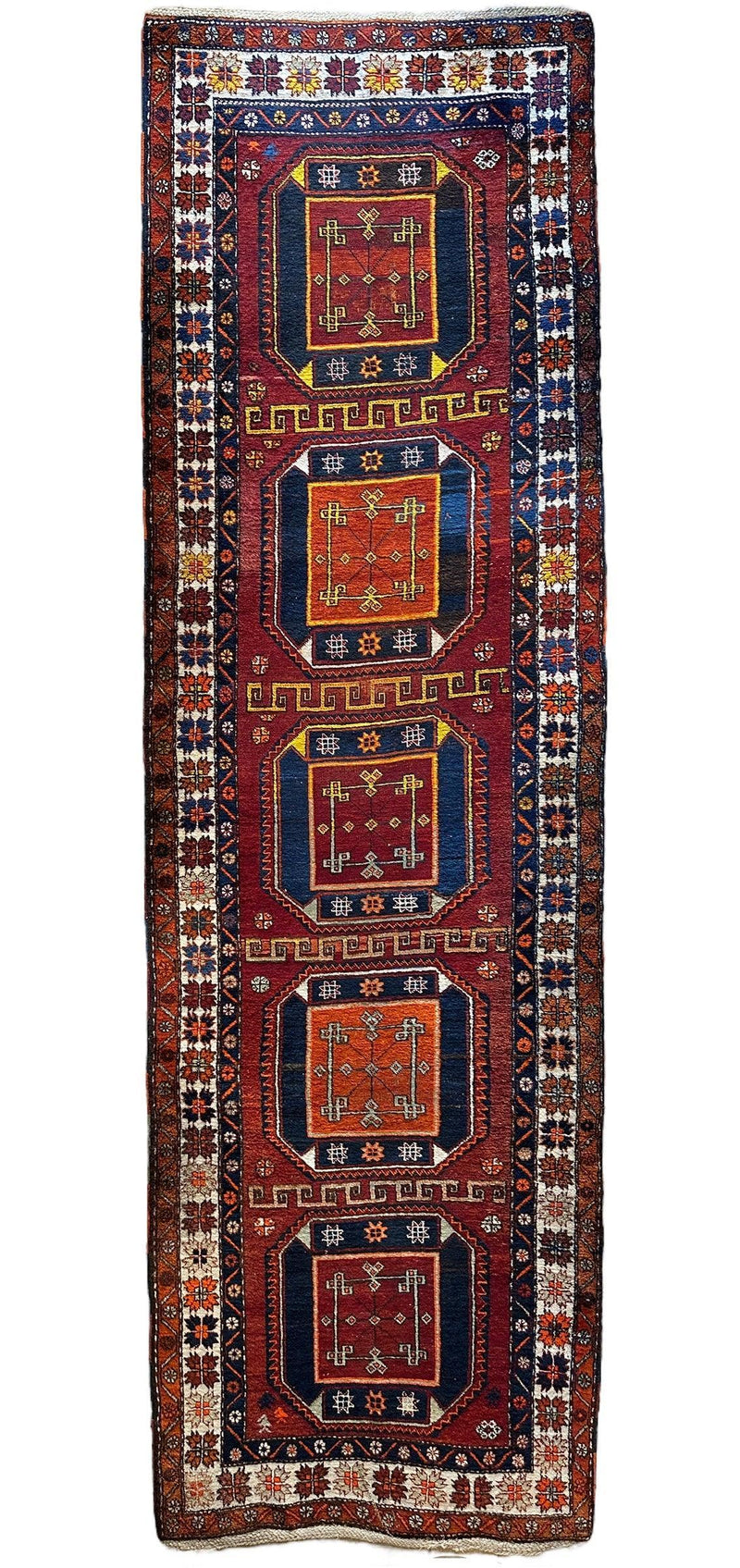 Antique circa 1920's Kurdish-Kazak Geometric Motifs Runner 3’8” x 12’3”