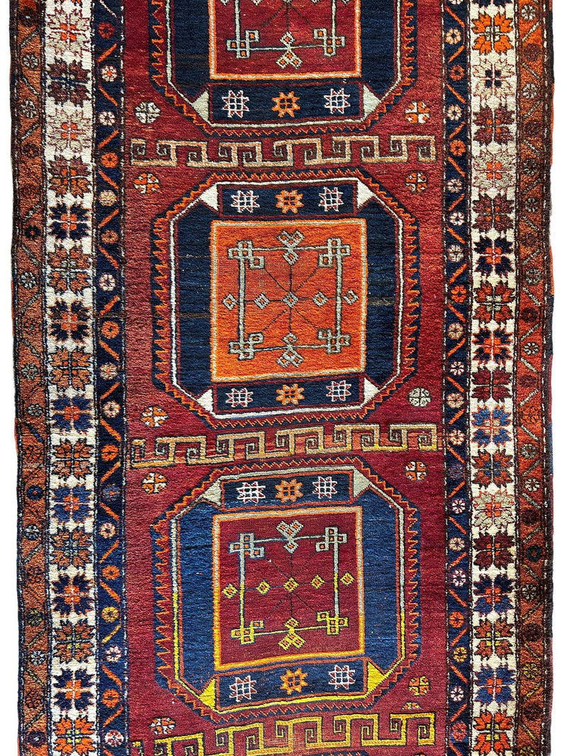 Antique circa 1920's Kurdish-Kazak Geometric Motifs Runner 3’8” x 12’3”
