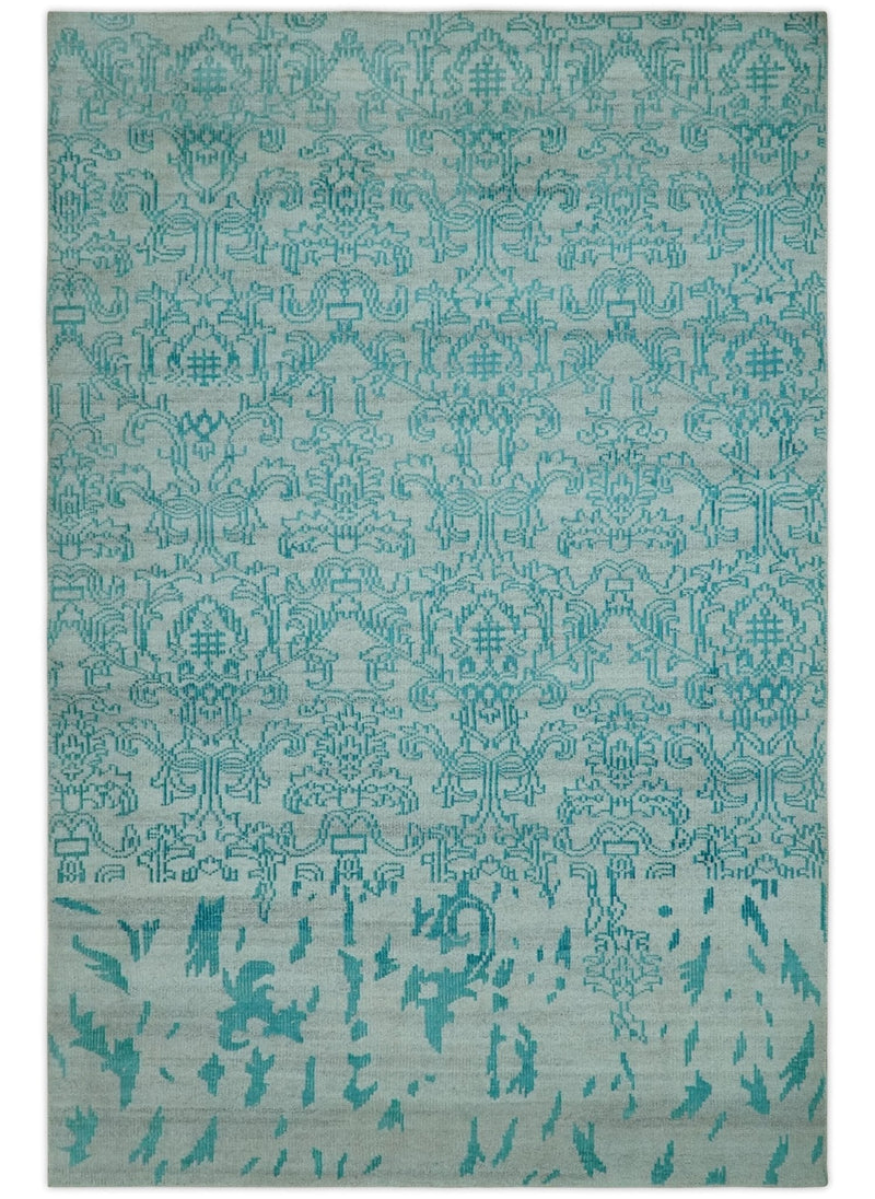 Antique design 6.5x10 Silver and Blue Traditional Hand Knotted wool Area Rug