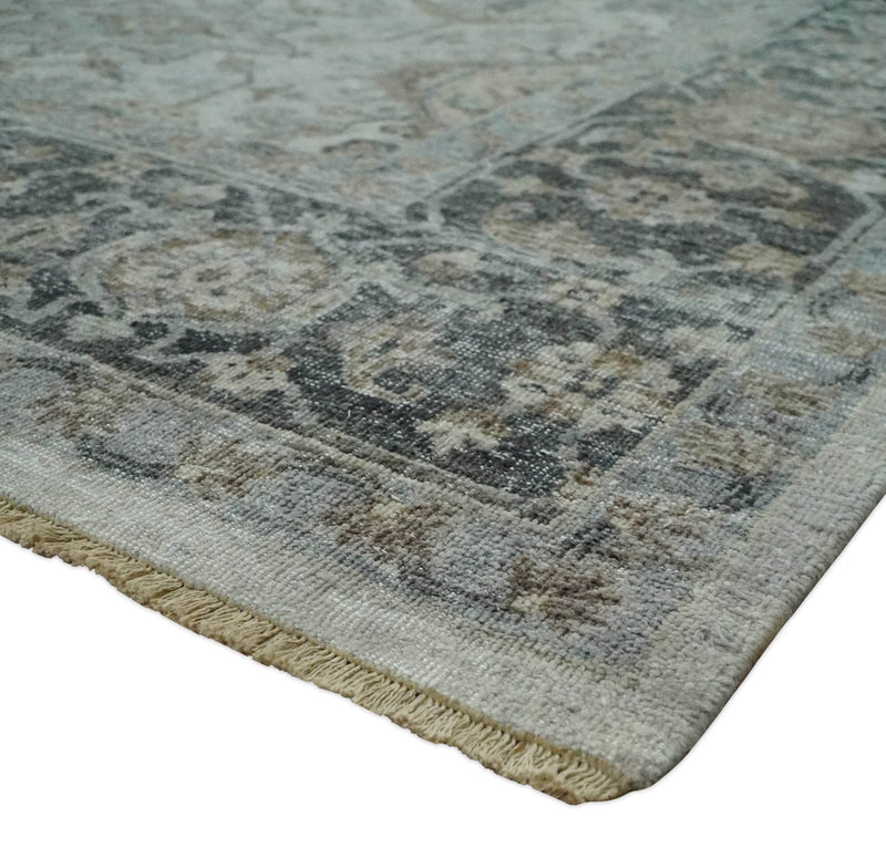 Antique Distressed style Ivory, Charcoal and Beige Low Pile 8x10 wool Area Rug
