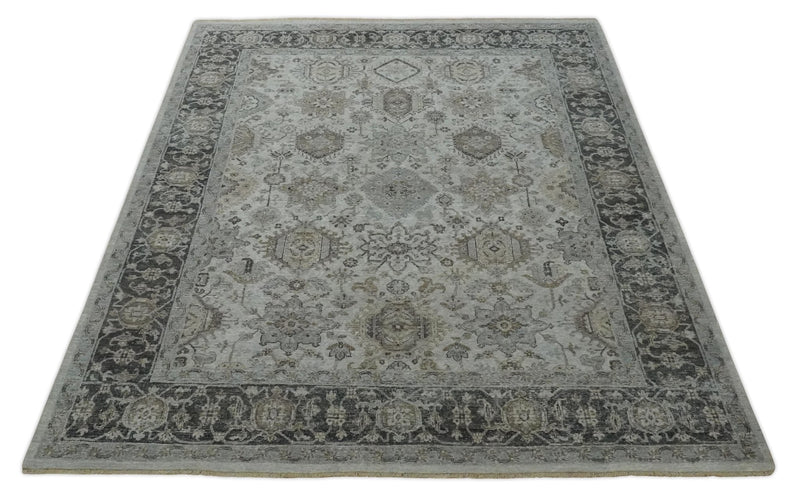 Antique Distressed style Ivory, Charcoal and Beige Low Pile 8x10 wool Area Rug