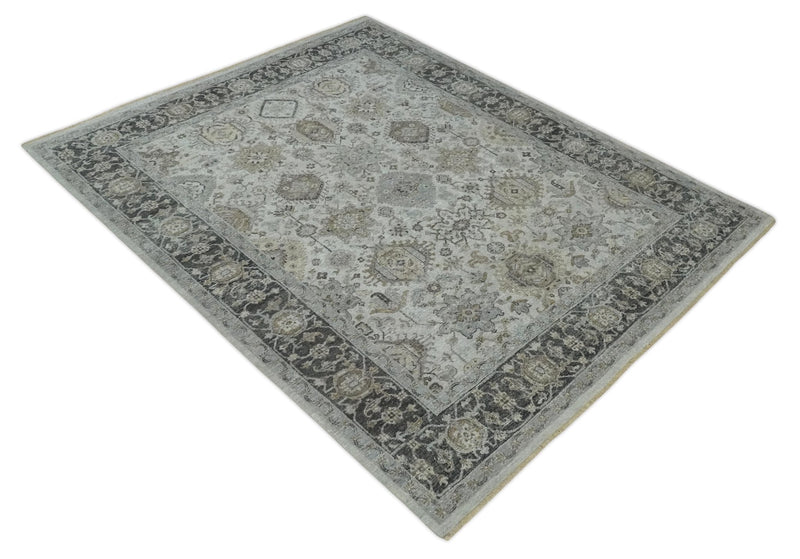 Antique Distressed style Ivory, Charcoal and Beige Low Pile 8x10 wool Area Rug
