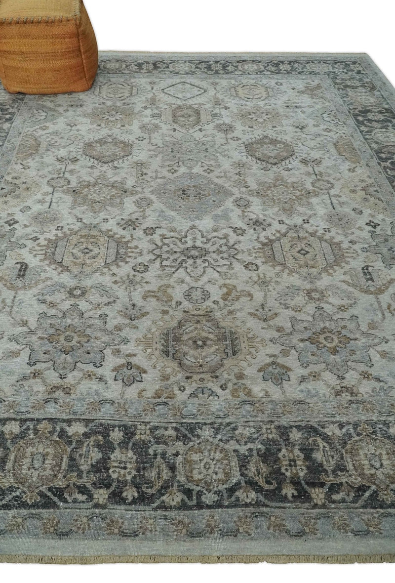 Antique Distressed style Ivory, Charcoal and Beige Low Pile 8x10 wool Area Rug