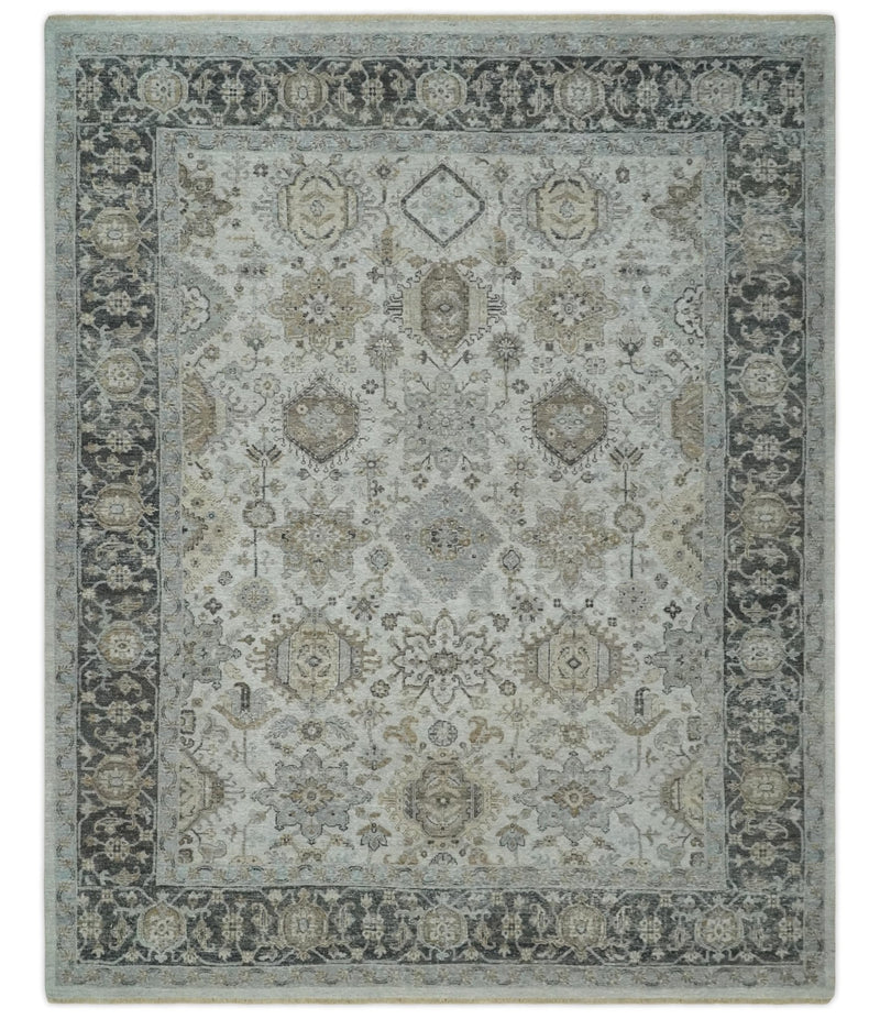 Antique Distressed style Ivory, Charcoal and Beige Low Pile 8x10 wool Area Rug