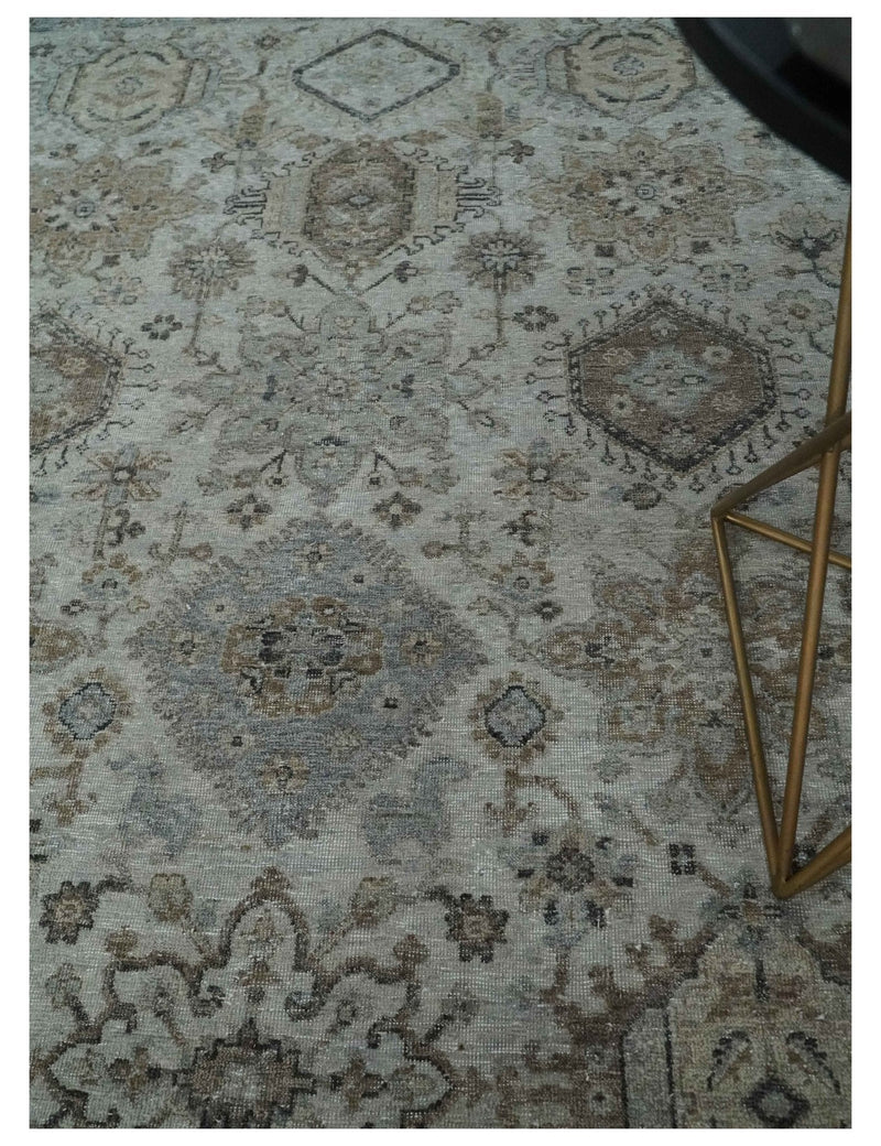Antique Distressed style Ivory, Charcoal and Beige Low Pile 8x10 wool Area Rug