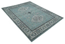 Antique Finish Hand Knotted 8x10 Blue, Silver and Charcoal Traditional Low Pile Wool Area Rug