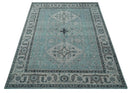 Antique Finish Hand Knotted 8x10 Blue, Silver and Charcoal Traditional Low Pile Wool Area Rug