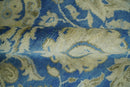 Antique Finish Oushak 8x10 Hand Knotted Blue and Beige Traditional Wool Area Rug