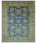 Antique Finish Oushak 8x10 Hand Knotted Blue and Beige Traditional Wool Area Rug