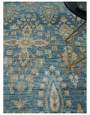 Blue and Beige Oushak Wool Area Rug - Hand Knotted Traditional