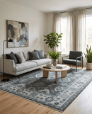 Hand Knotted Wool Area Rug - Charcoal and Ivory Antique Traditional Oushak Weave