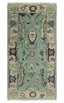 Hand Knotted Green and Pink Traditional Oushak Wool Area Rug