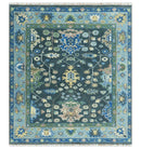 Antique Design Hand Knotted Green Moss and Blue Turkish Oushak Custom Made Wool Area Rug
