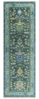 Antique Design Hand Knotted Green Moss and Blue Turkish Oushak Custom Made Wool Area Rug