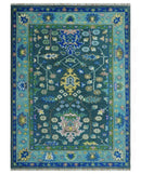 Antique Design Hand Knotted Green Moss and Blue Turkish Oushak Custom Made Wool Area Rug