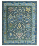 Antique Design Hand Knotted Green Moss and Blue Turkish Oushak Custom Made Wool Area Rug