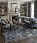 Antique Hand Knotted Charcoal And Blue Oushak Wool Area Rug - Traditional Design