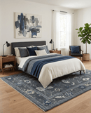 Antique Hand Knotted Charcoal And Blue Oushak Wool Area Rug - Traditional Design